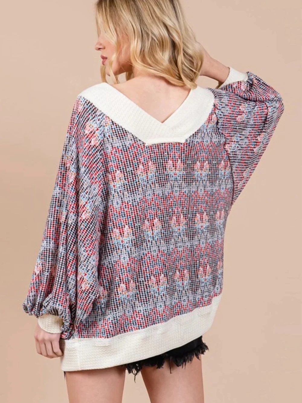Boho Waffle Panel Pull-Over Top ☀️ ☮️ - Picture 3 of 3
